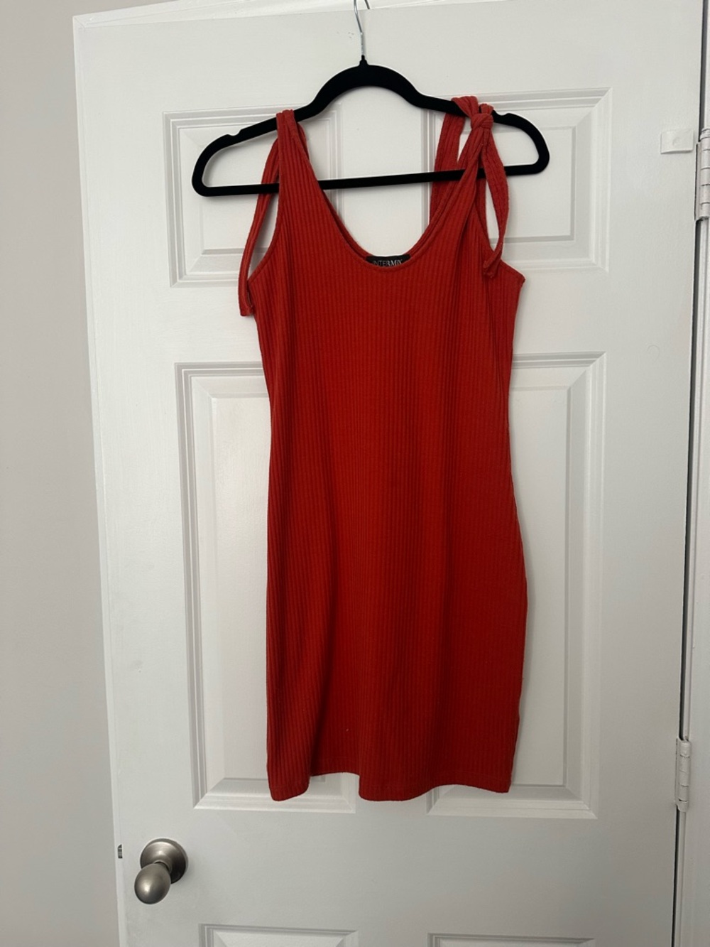 INTERMIX Red Ribbed Tie-Shoulder Dress with Knot Straps